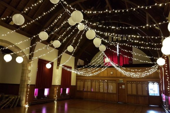 Decorated ceilingCeremony with flower archrelaxed-rustic-wedding-scottish-venue-scotland-fife-east-coast-reception-bride-groom